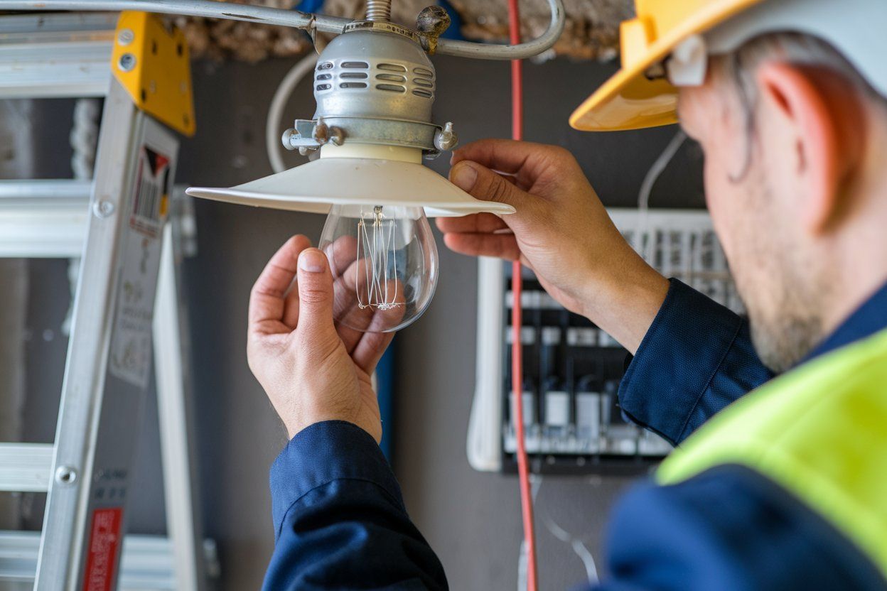 A man is changing a light bulb in a room.