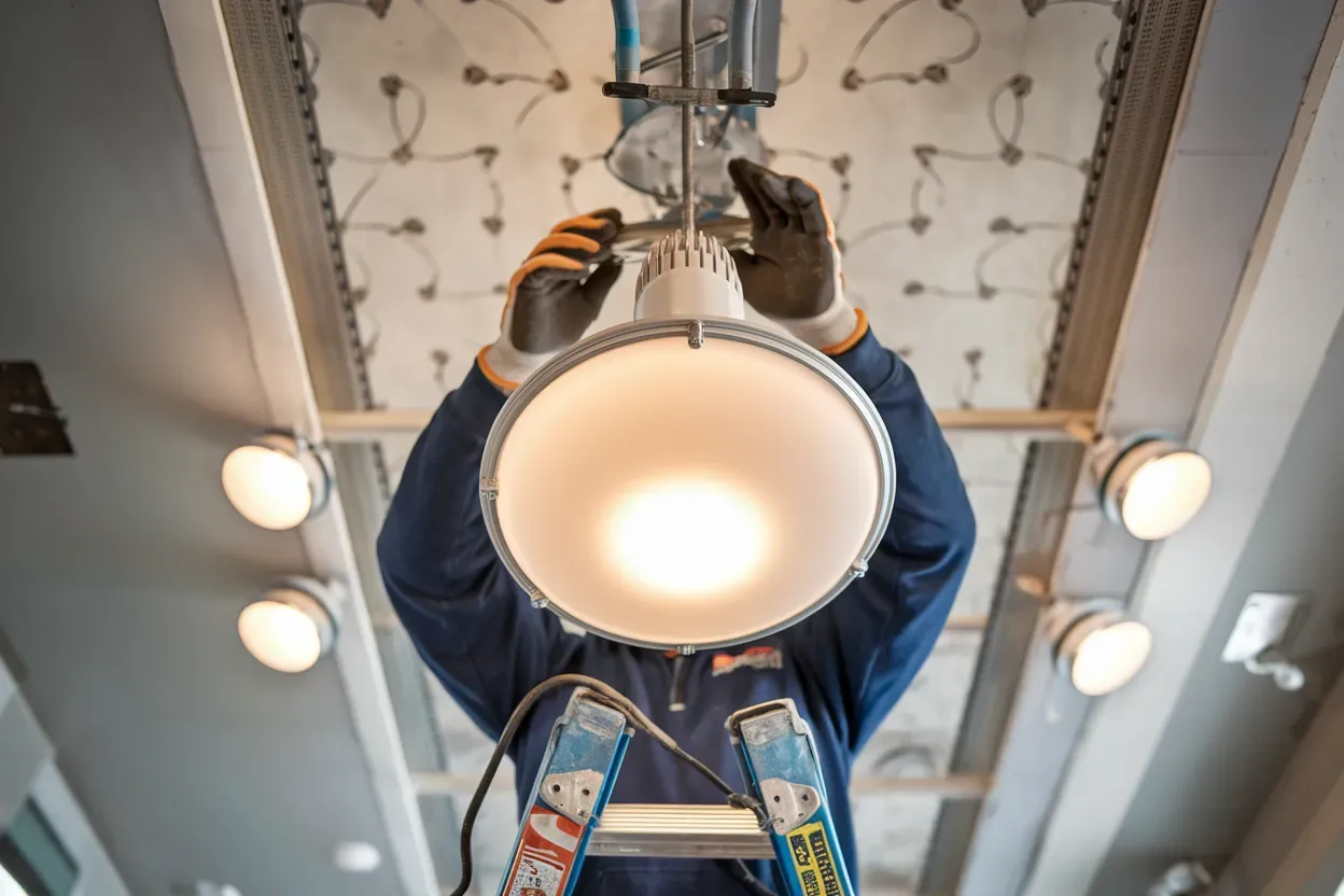 A man is standing on a ladder fixing a light fixture.