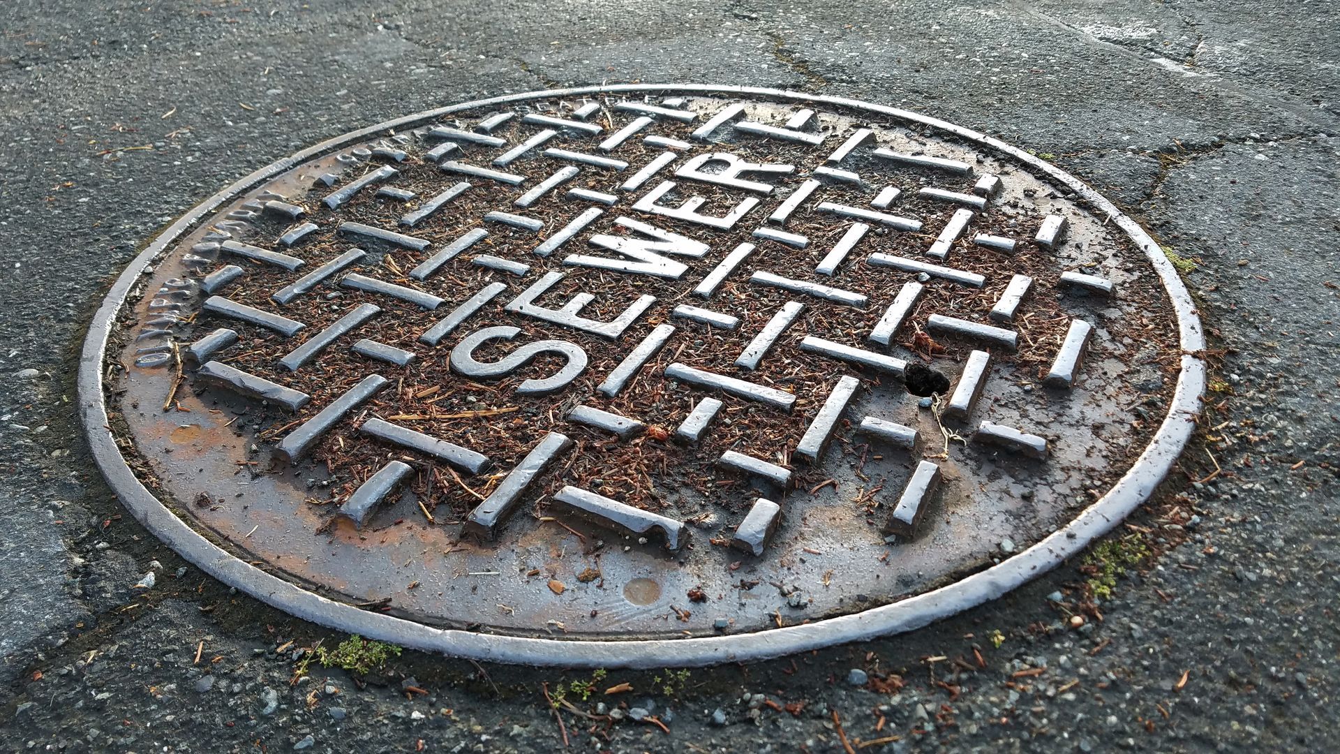 Close-up of a sewer manhole cover set in asphalt with debris around it.
