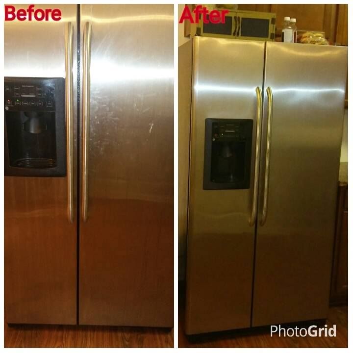 A before and after photo of a stainless steel refrigerator