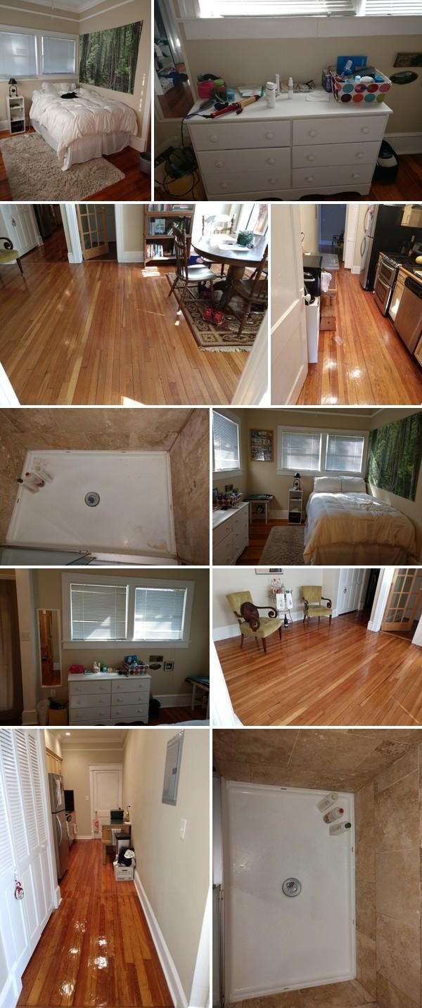 A collage of pictures of a house with hardwood floors.