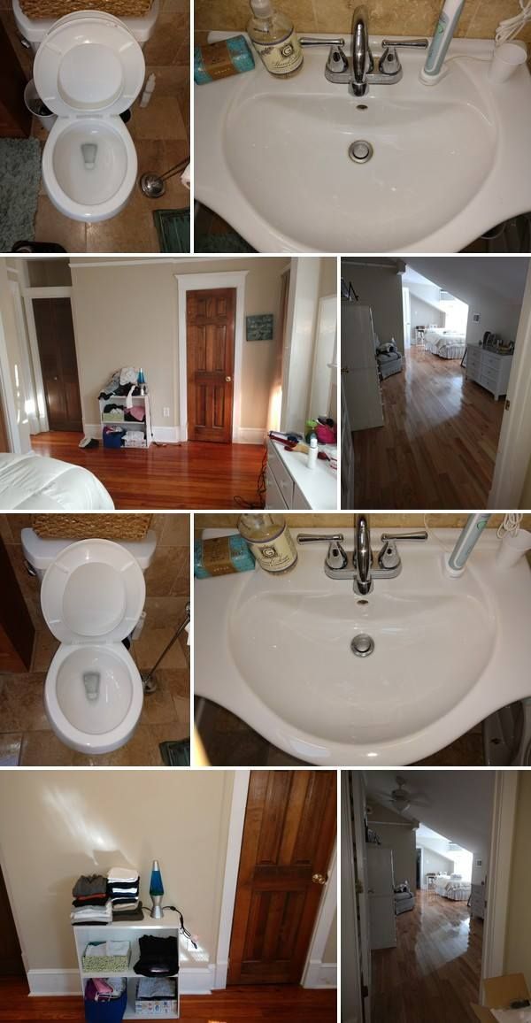 A collage of pictures of a bathroom with a toilet , sink , and mirror.
