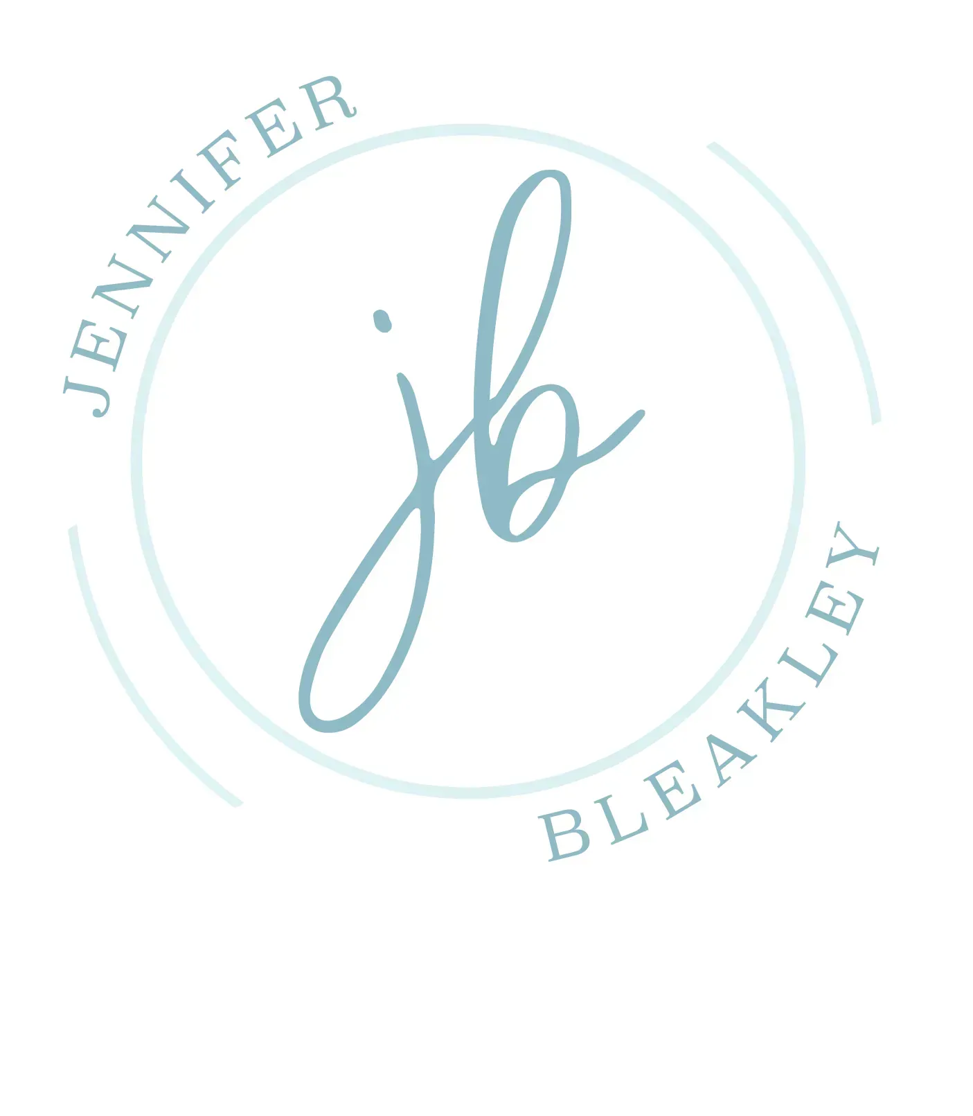 Light blue circular monogram logo with “Jennifer” and “Bleakley” around stylized “jb” initials