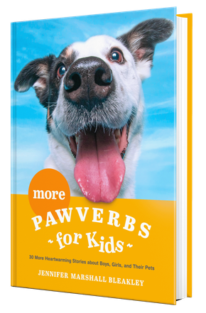 Book cover featuring a close-up dog with tongue out on a bright blue background, titled “More Pawverbs for Kids”