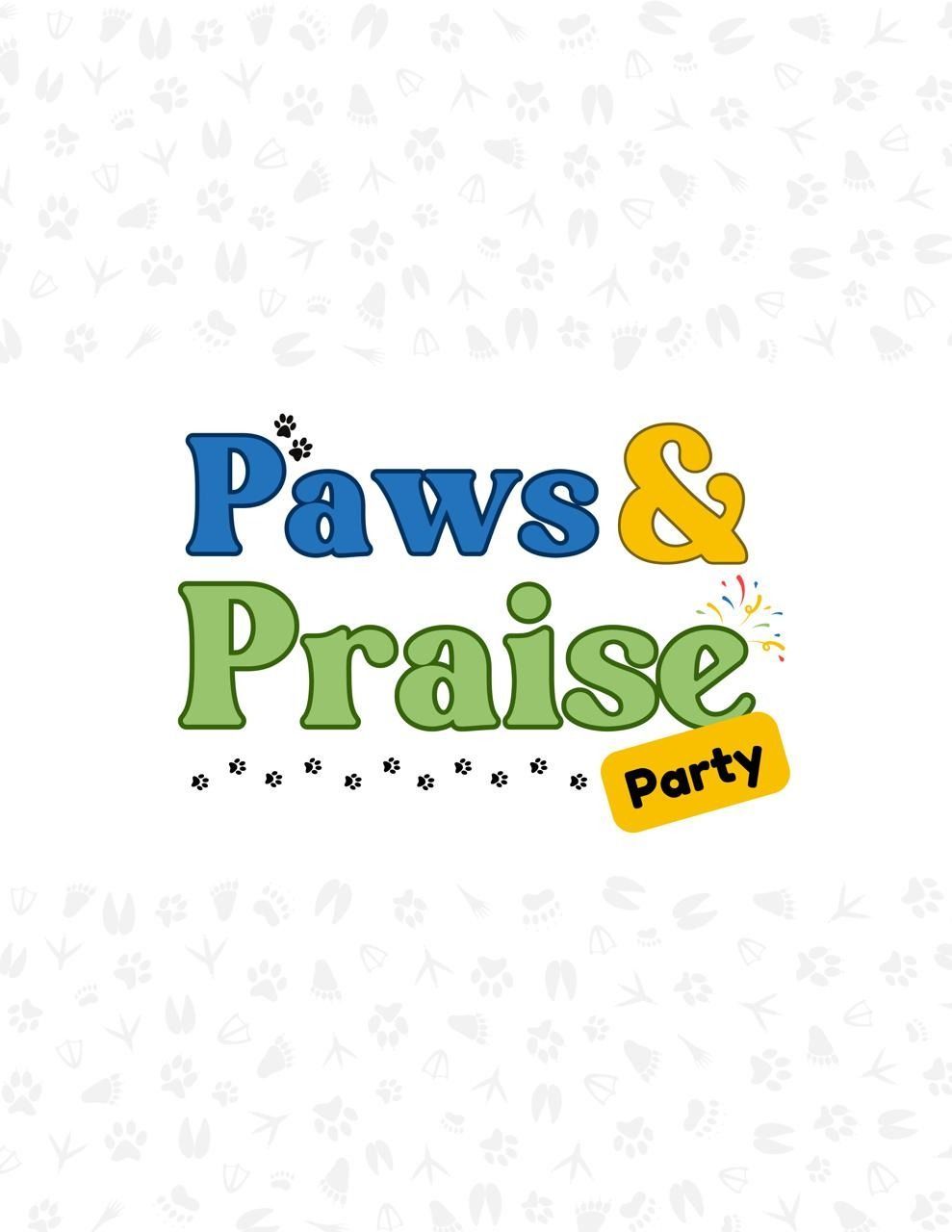 Paws & Praise Party logo in blue, green, and yellow with paw prints on a light patterned background