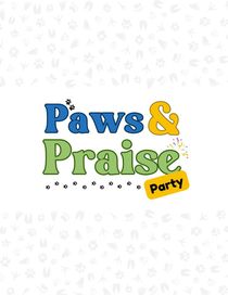 Paws & Praise Party logo in blue, green, and yellow with paw prints on a light patterned background