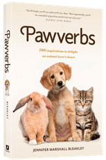 Book cover titled “Pawverbs” featuring a puppy, cat, and lamb.