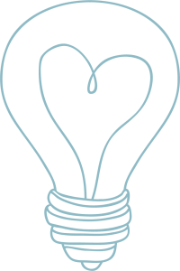 Light blue line drawing of a lightbulb with a heart-shaped filament