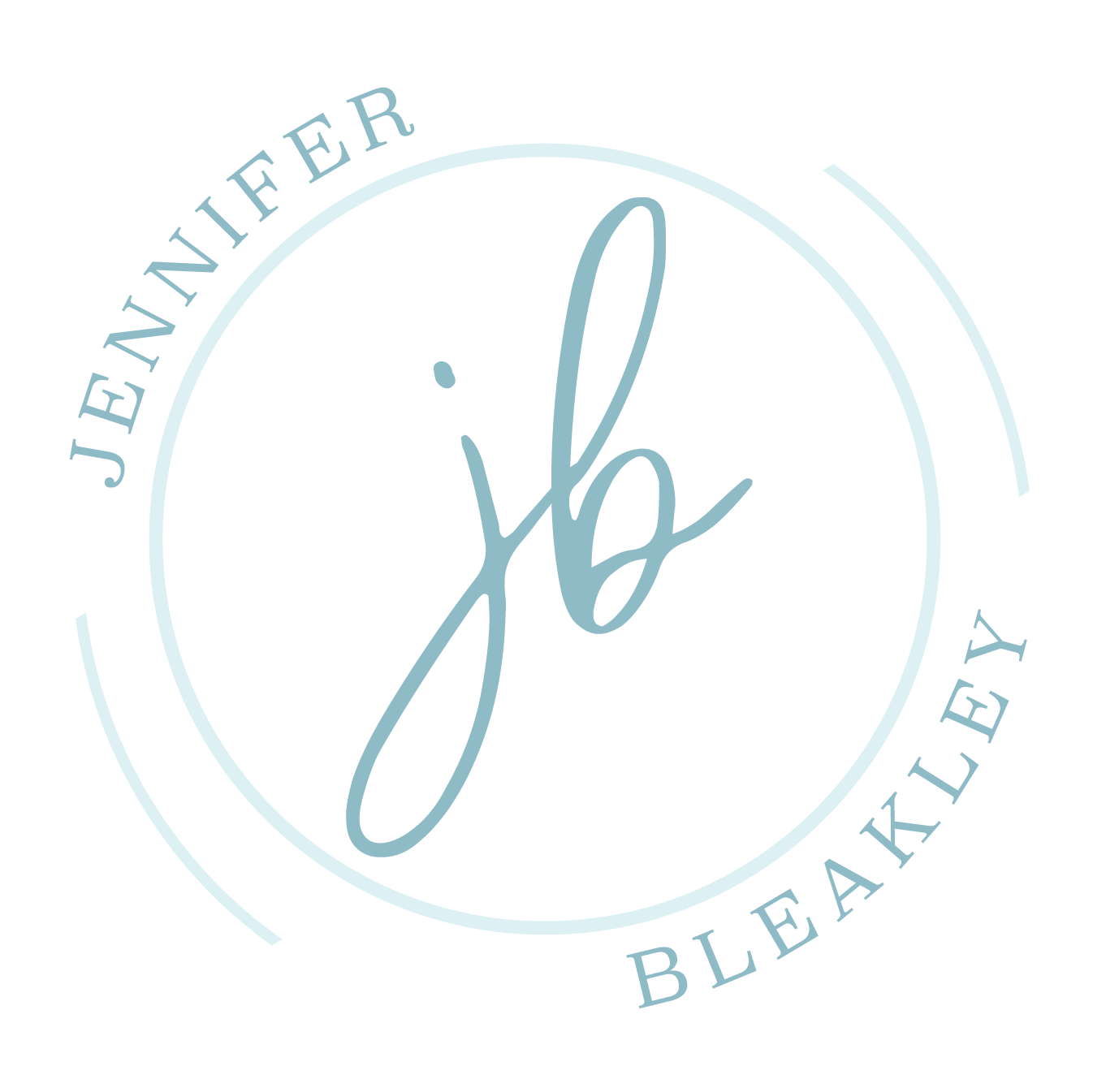 Light blue circular logo with cursive “jb” and the name Jennifer Bleakley around it