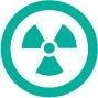 Radioactive hazard symbol, turquoise, within a turquoise circle.