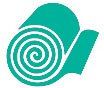 Teal-colored rolled paper with a spiral design, possibly a logo or symbol.