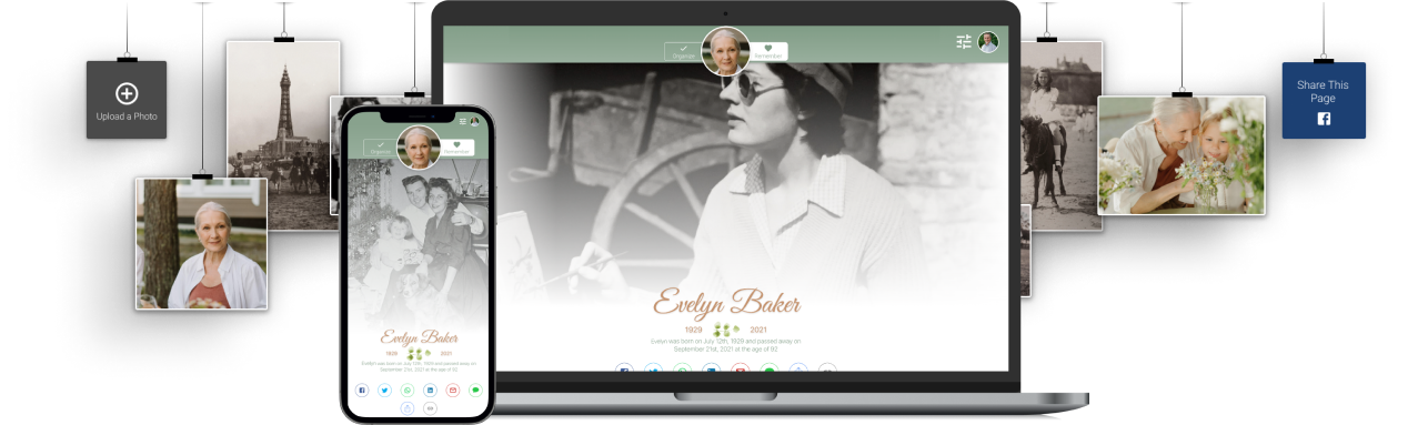 Website mockup on laptop and phone with hanging photos.