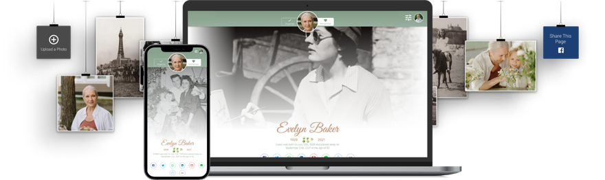 A website design displayed on a laptop and phone, with hanging photos around it.