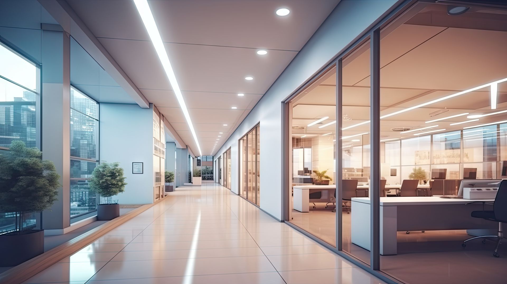 Un long couloir dans un immeuble de bureaux avec beaucoup de fenêtres.