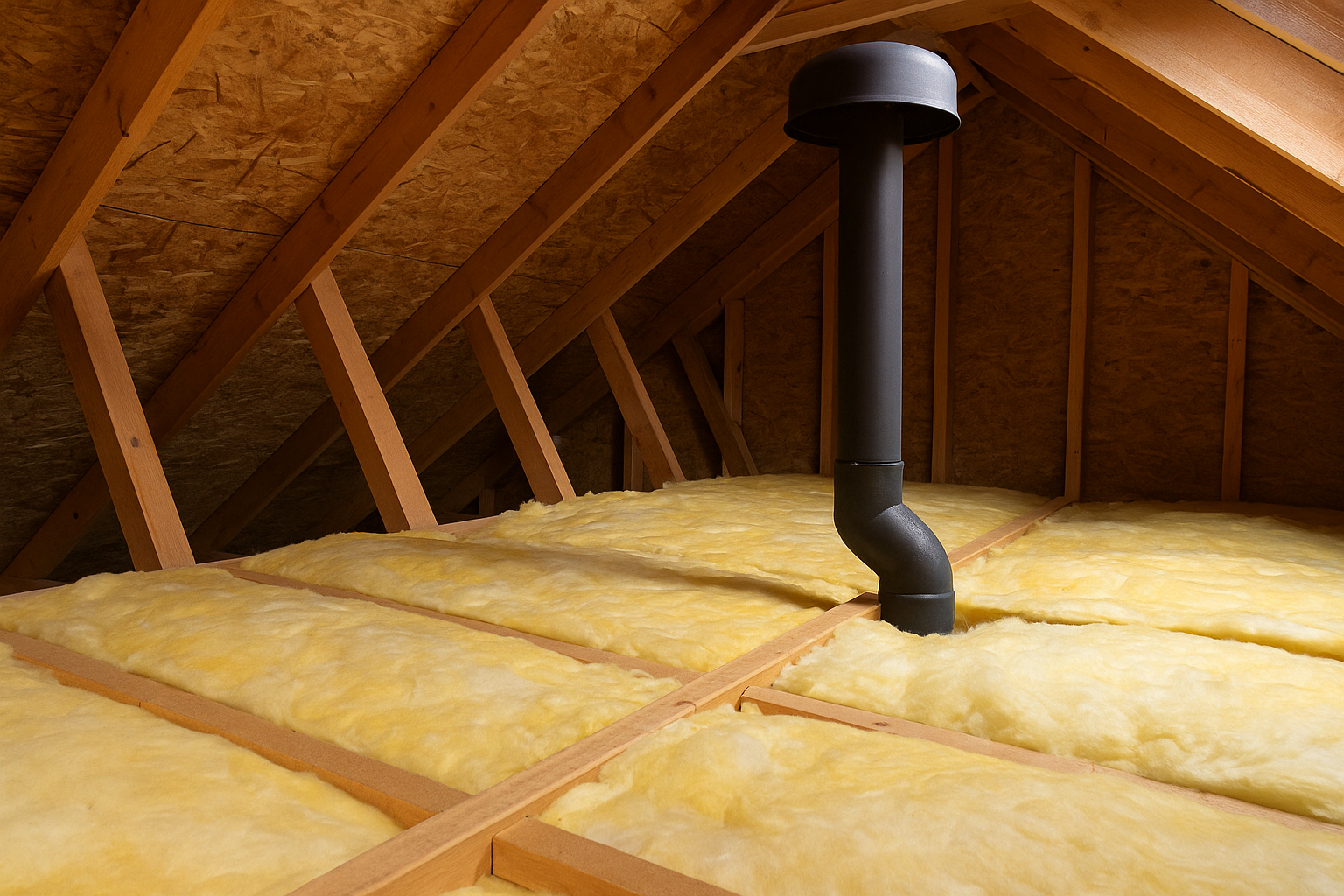 Attic interior with yellow insulation, wooden beams, and a black vent pipe.