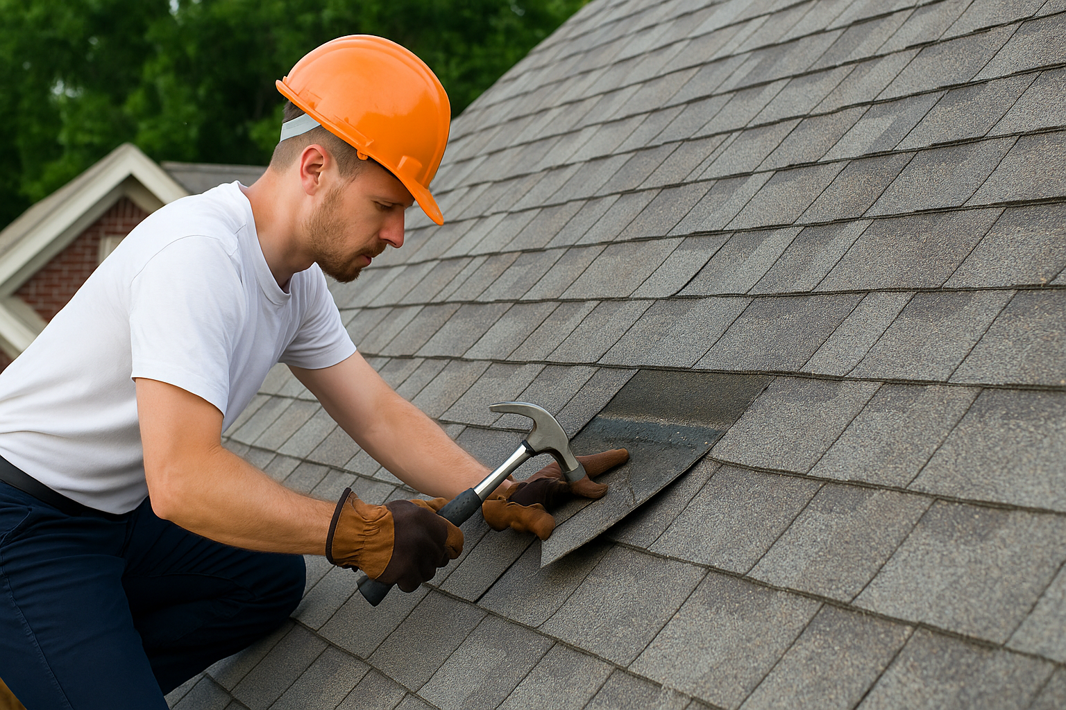 Roofer in orange hard hat on a rooftop, repairing shingles with a hammer.
