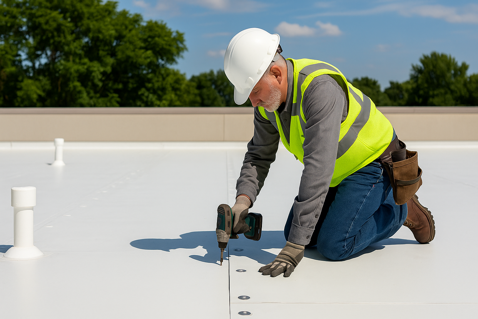 Roofer in white hard hat and safety vest installing roofing with a drill. Bright sunlight on flat roof.