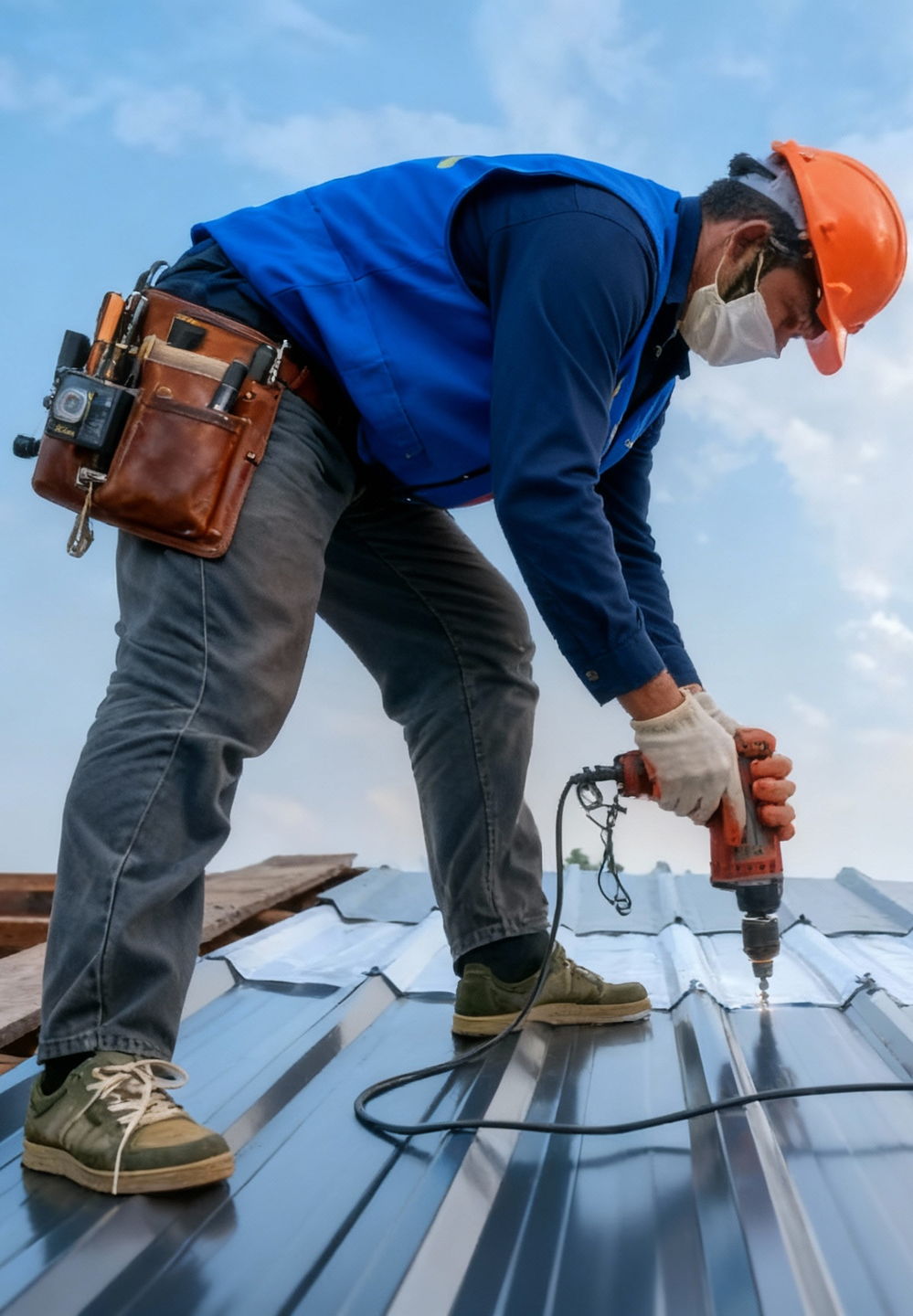 Man in work overalls and tool belt smiles, hands on hips.