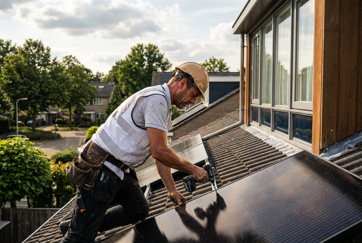 Man on ladder, caulking gutter on house with a blue sky background.