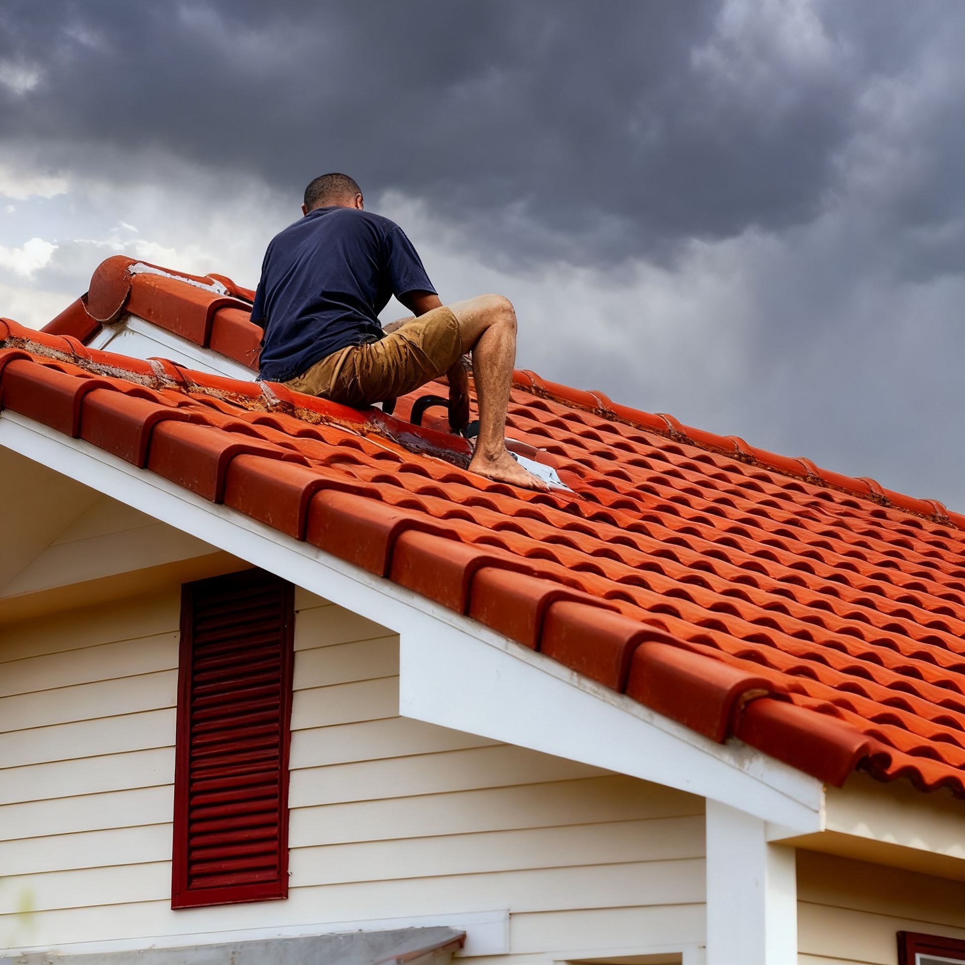Two roofers passing clay roof tiles on a ladder, outdoors.