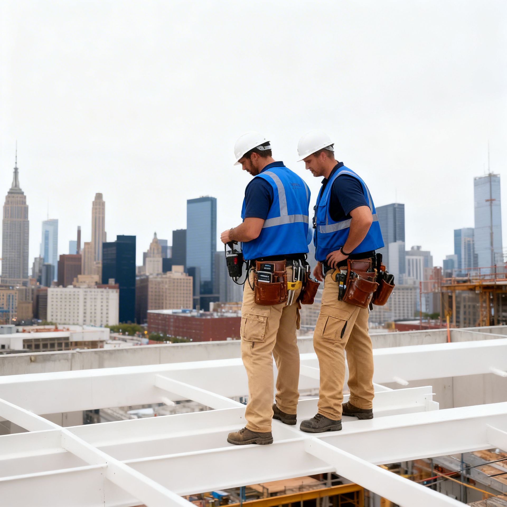 Two roofers in hard hats installing shingles on a house roof on a sunny day.