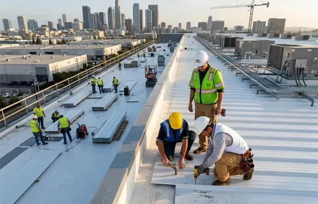 Roofer on a metal roof, hammering a piece of flashing. He wears a hard hat and work clothes.