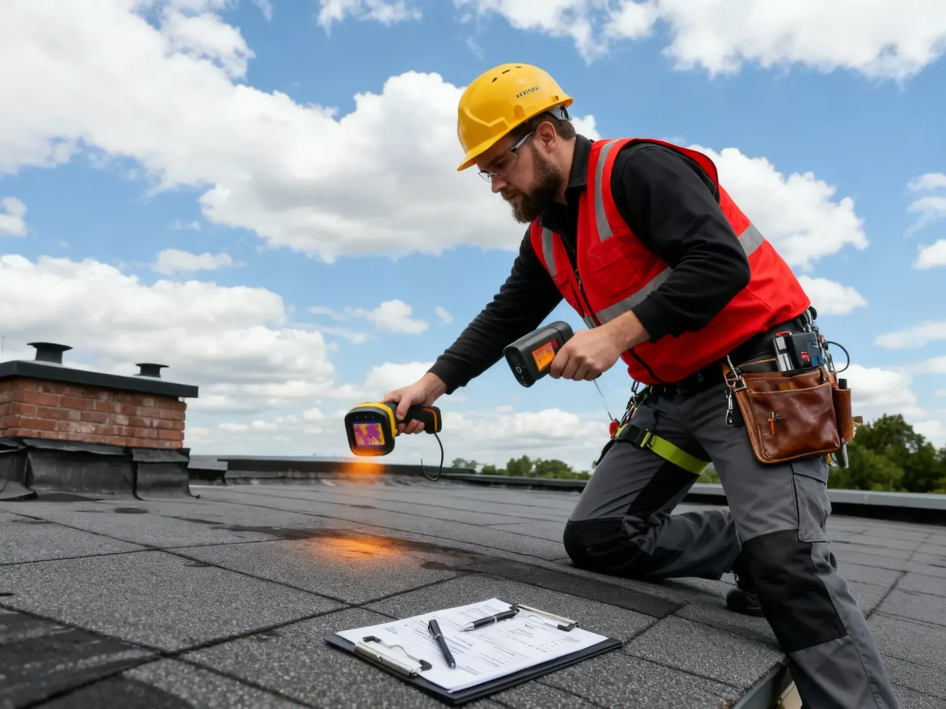 Roofer inspecting a dark roof with a flashlight, wearing a safety harness, yellow hard hat, and kneeling near paperwork.