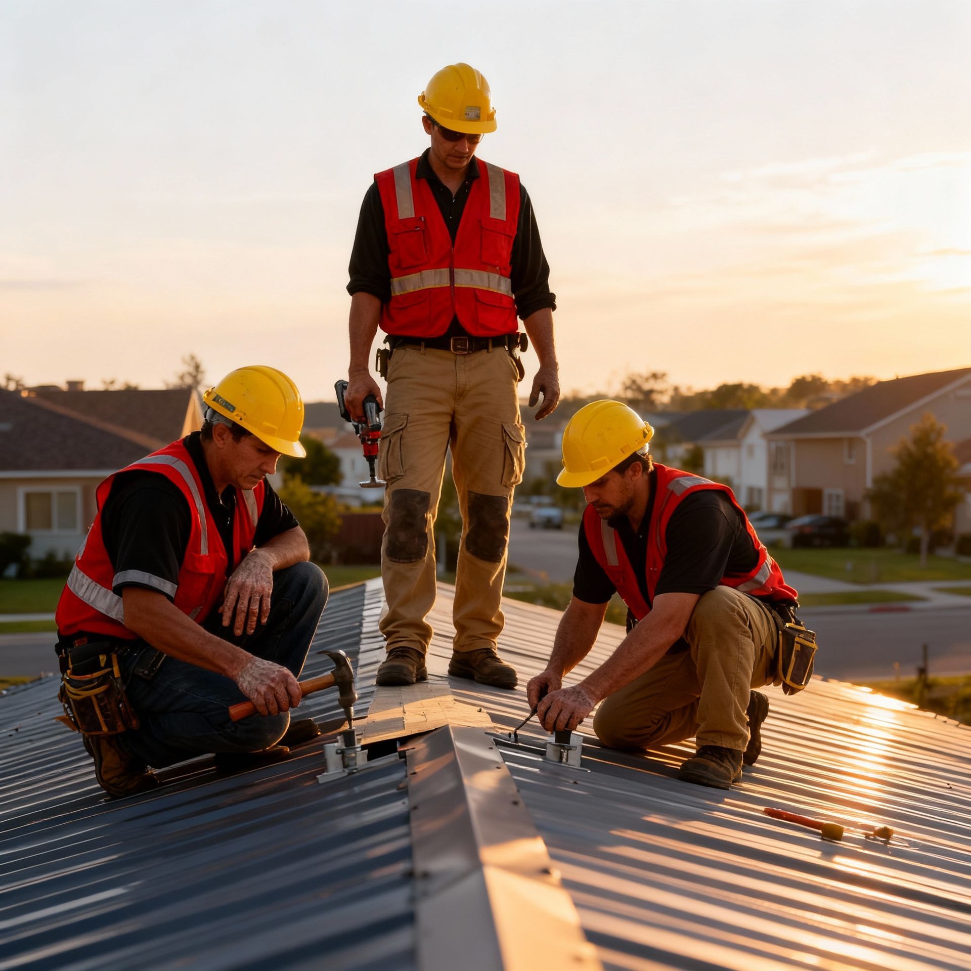 Person kneeling on a roof, using a torch to install roofing material.