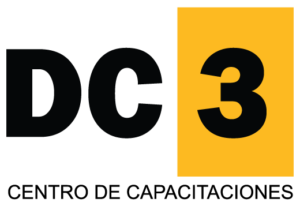 A black and yellow logo for dc 3 centro de capacitaciones