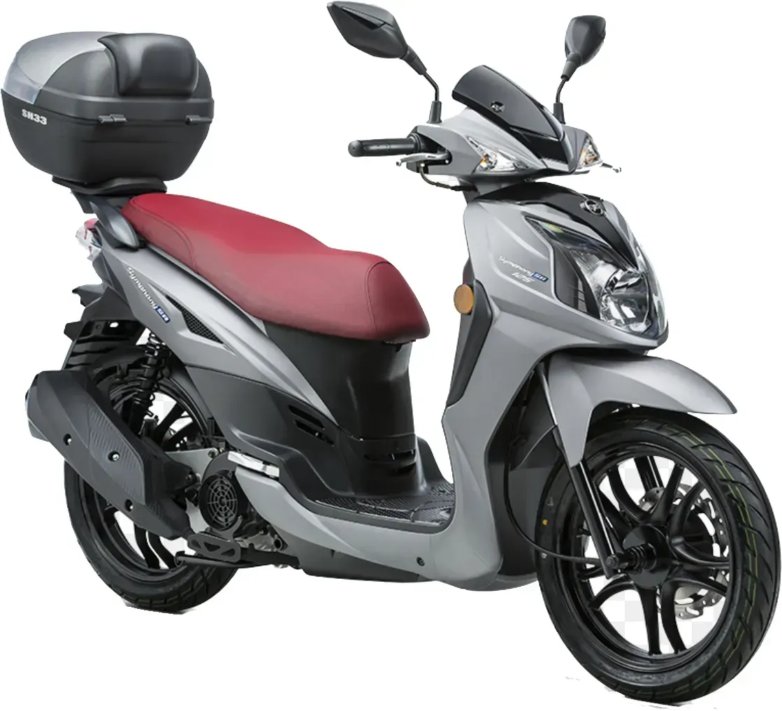 Uno scooter con un sedile rosso e un bauletto nero