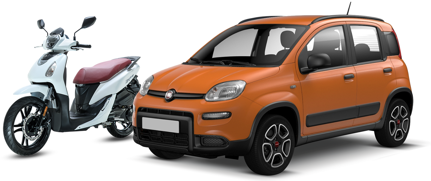 Uno scooter e un'auto sono parcheggiati uno accanto all'altro su uno sfondo bianco.