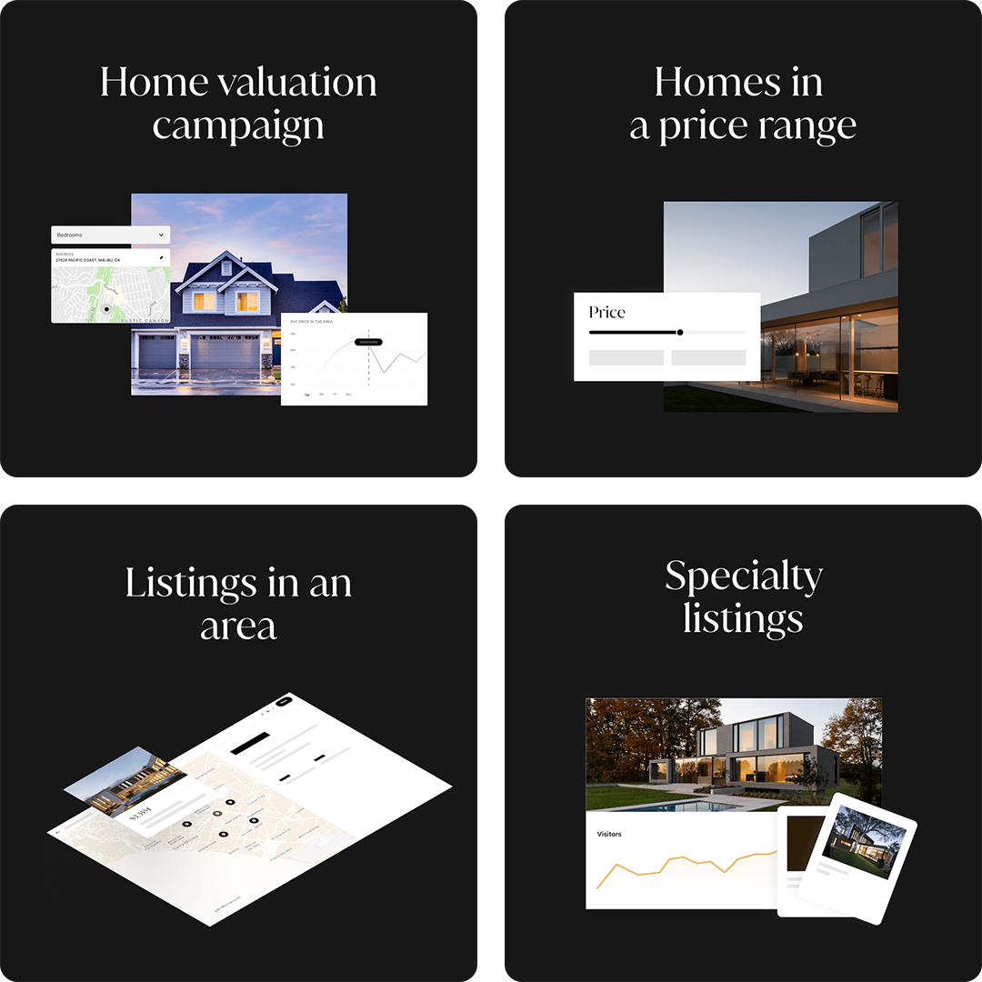 A collage of four images with the words home valuation campaign homes in a price range listings in an area specialty listings