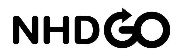 A black and white logo for nhdgo on a white background.