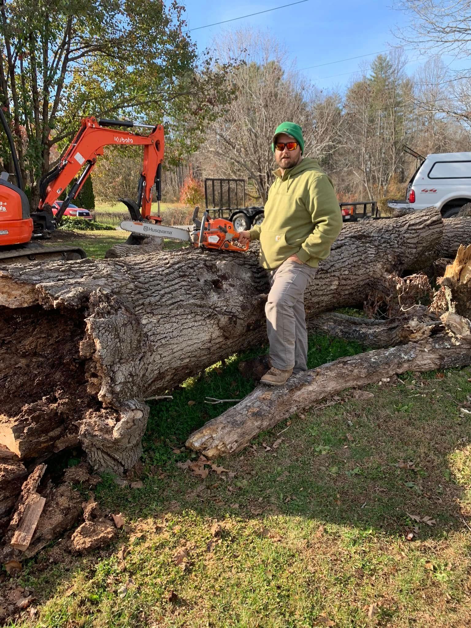 A person in a green hoodie and beanie stands on a large, fallen tree trunk in an outdoor, wooded area with equipment.
