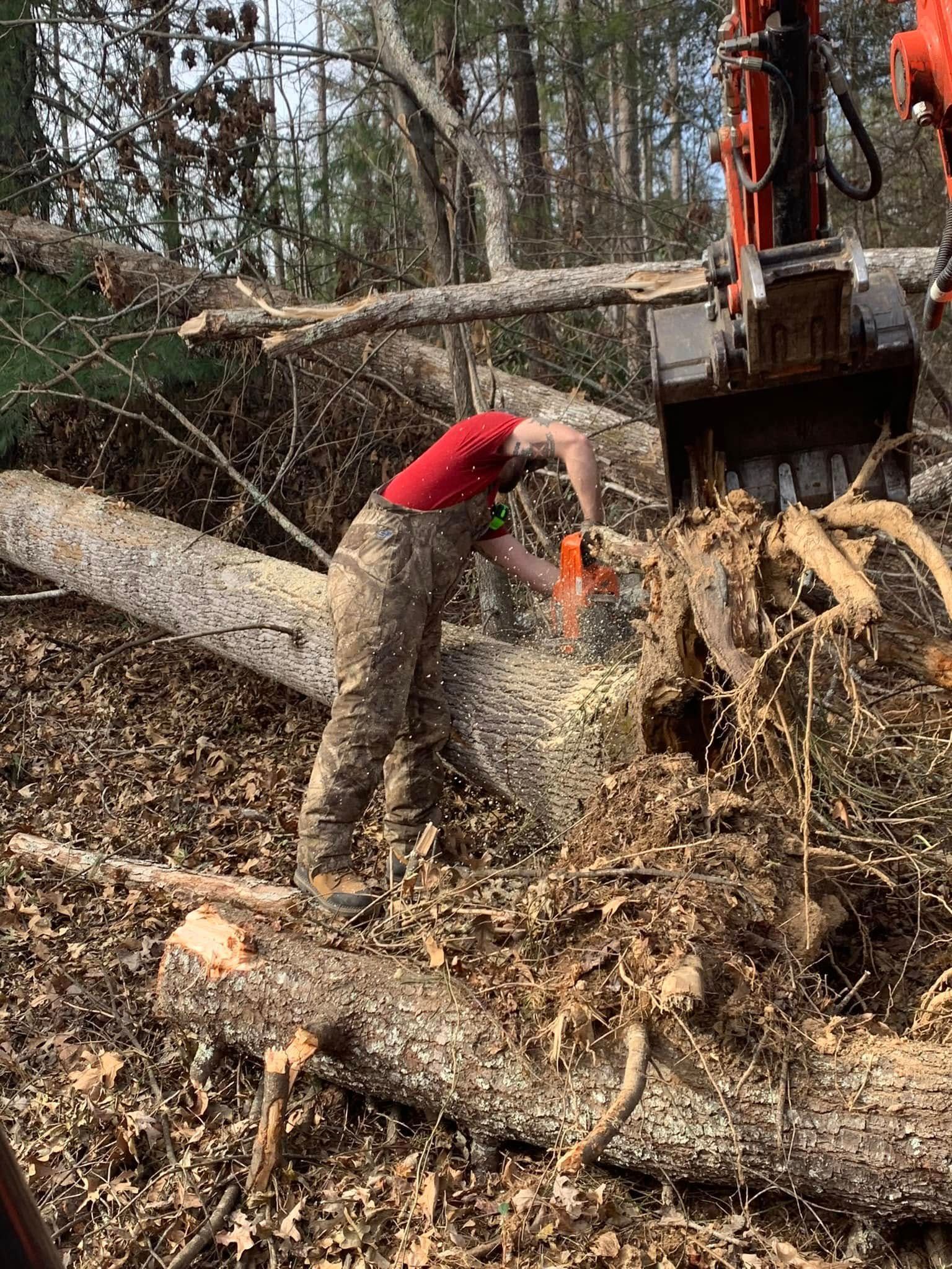 A person in a red shirt and camouflage overalls uses a chainsaw to cut a downed tree near a mechanical excavator.