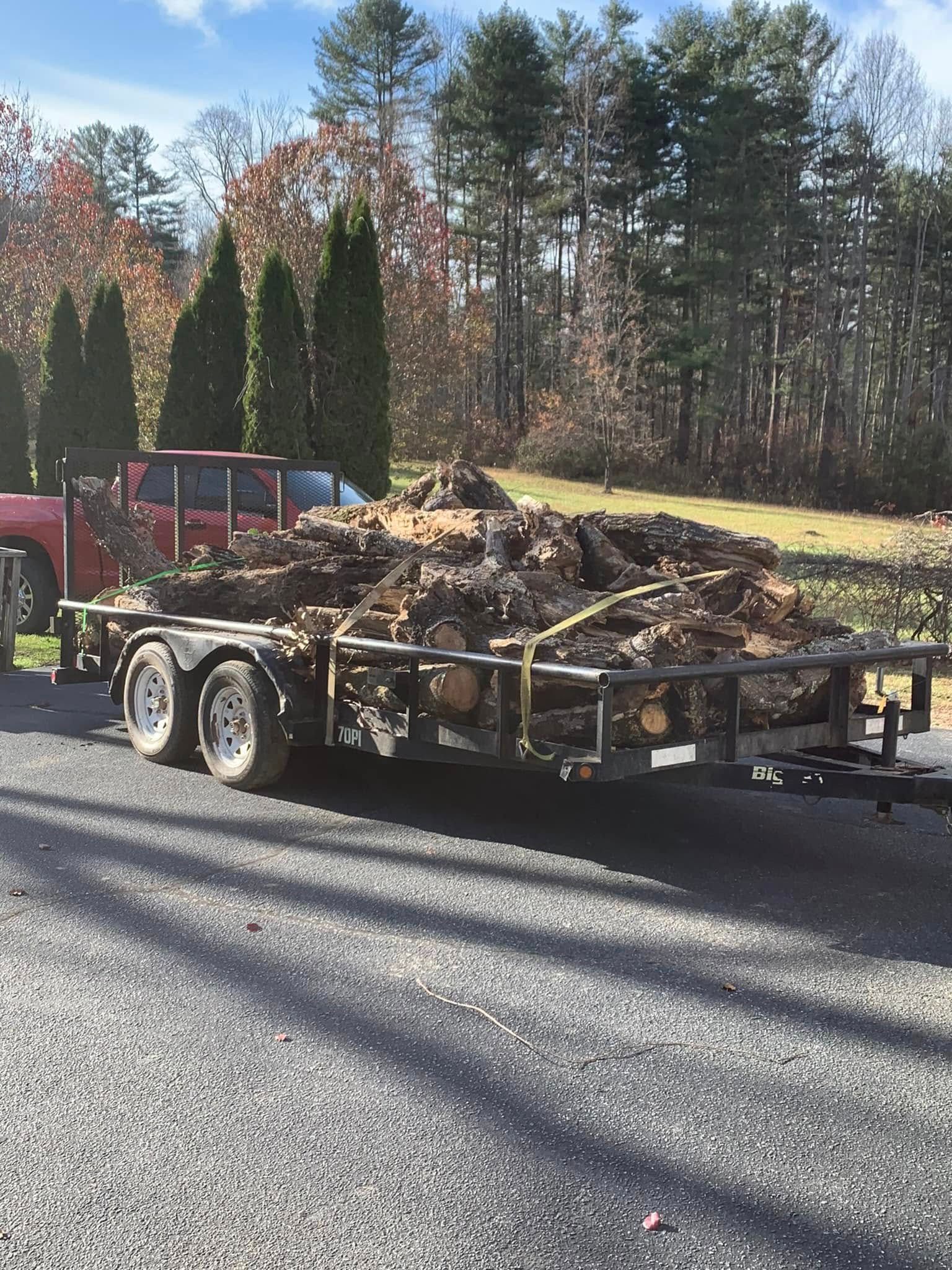 A red pickup truck pulling a utility trailer heavily loaded with logs parked on a gravel driveway near trees.