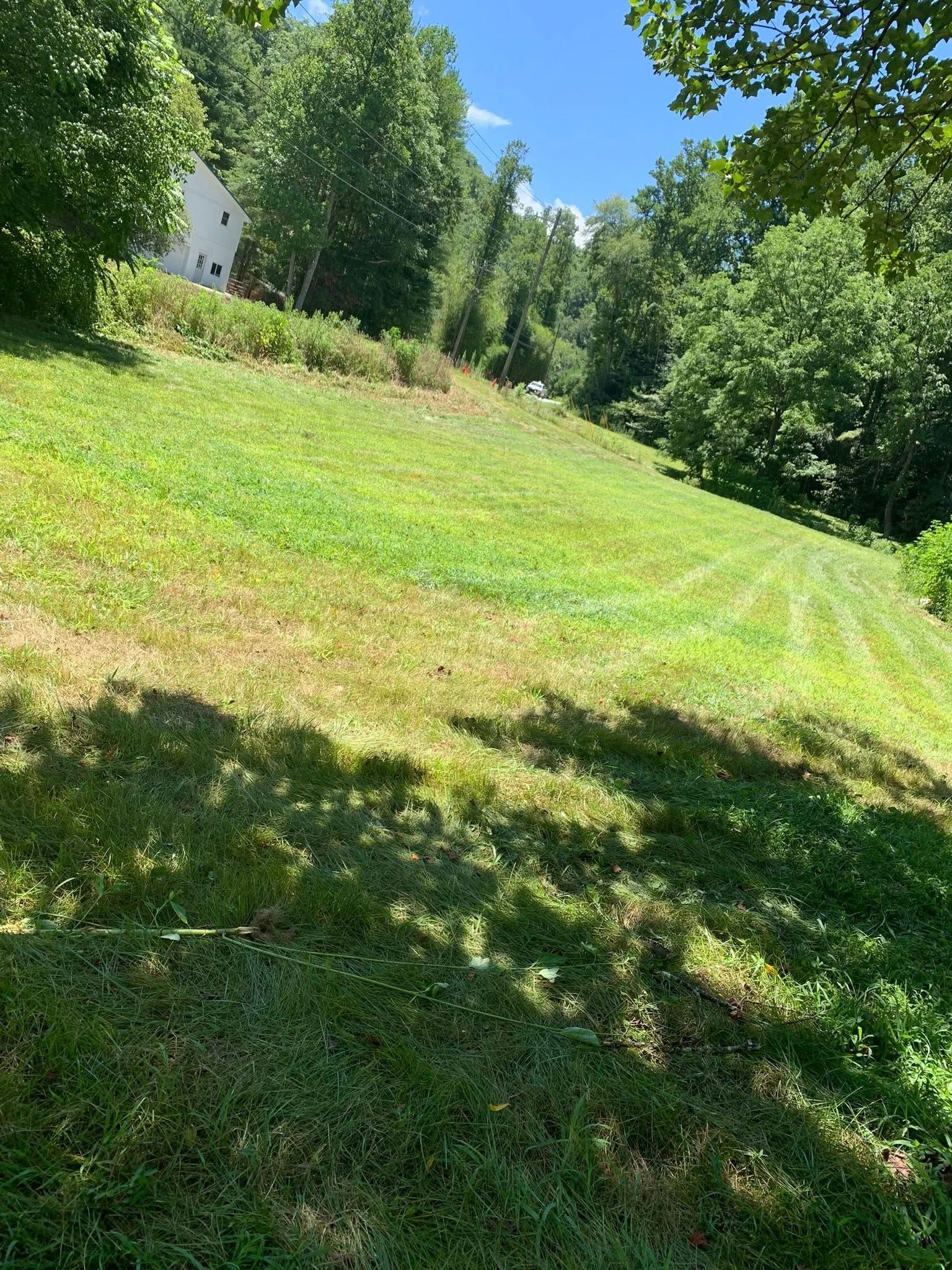 A sloped, grassy field extends toward a wooded area with a house visible in the distance under a clear blue sky.