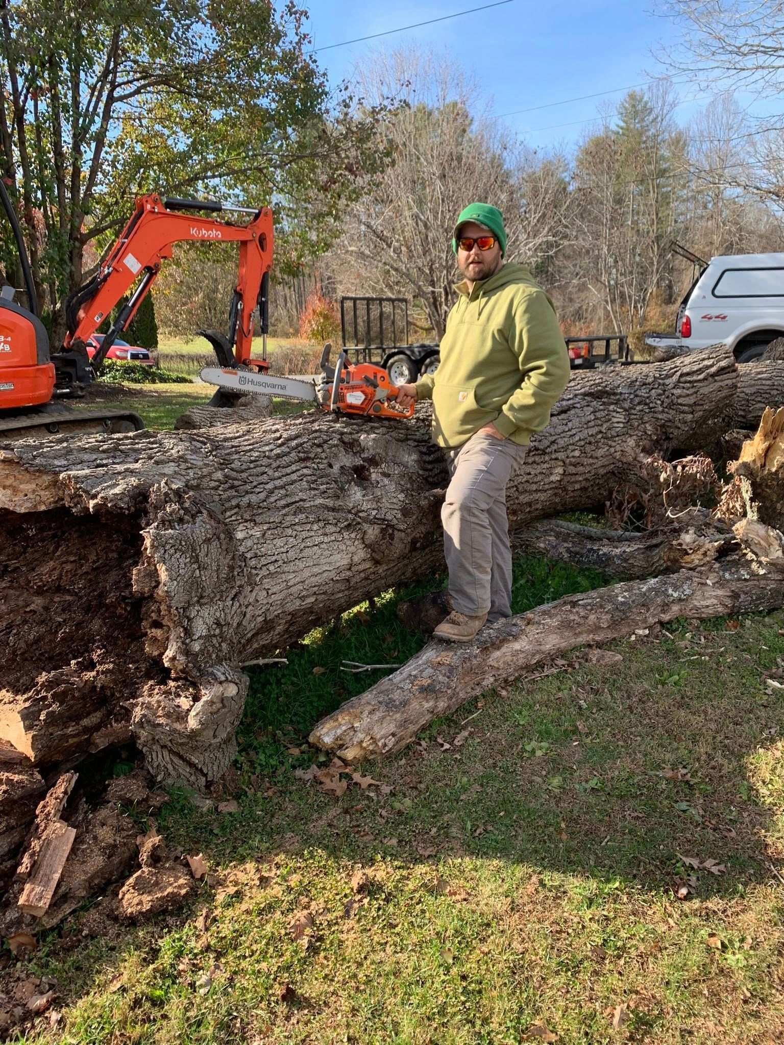 A person in a green jacket and hat stands on a large, fallen tree trunk next to a chainsaw and an orange excavator.