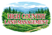 Logo for High Country Land Management with red text over a scenic illustration of pine trees, meadows, and mountains.