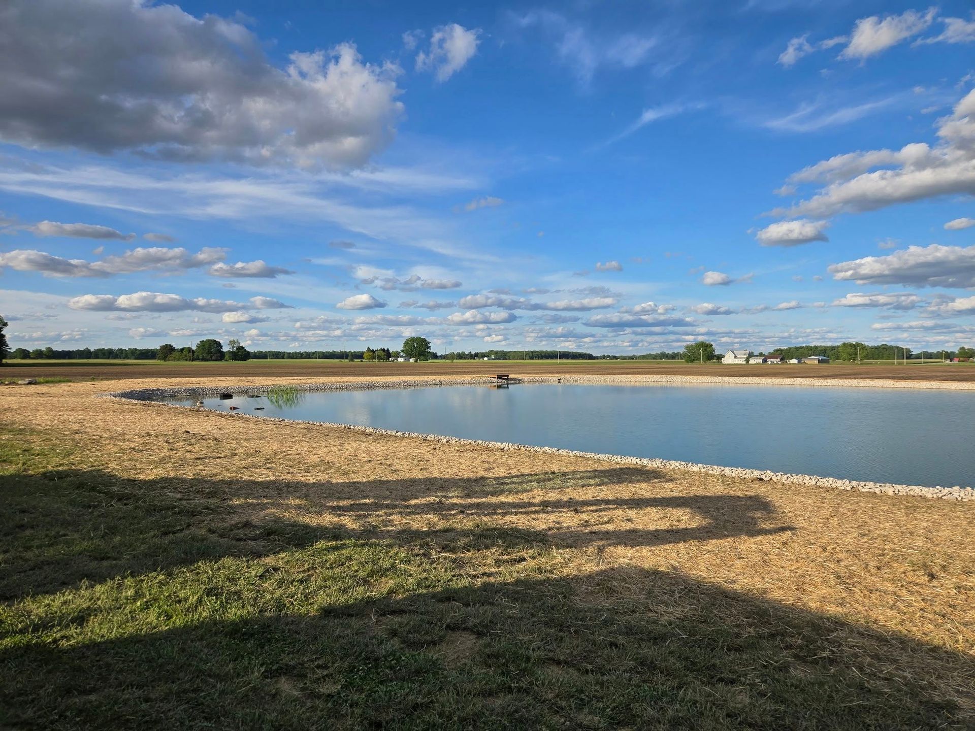 There is a small pond in the middle of a field.