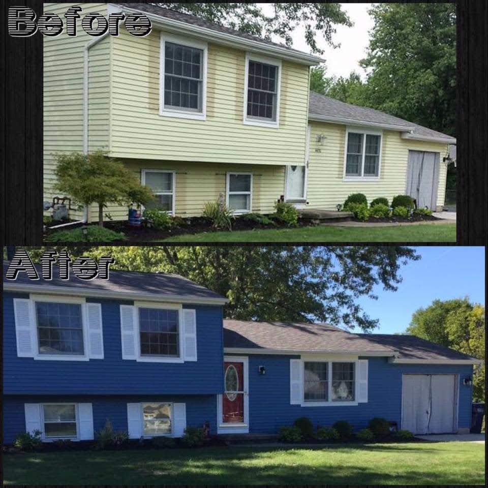 A before and after photo of a blue house