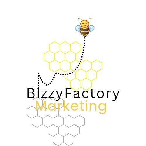 A logo for a company called bizzy factory marketing with a bee and honeycombs.