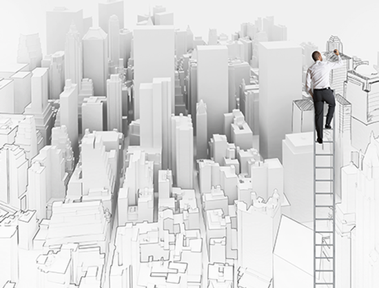 A man is standing on top of a building in a city.