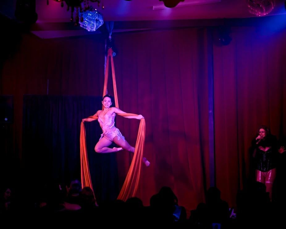 A woman is performing aerial acrobatics on a stage in front of a crowd — Lux Noir In  Townsville City, QLD
