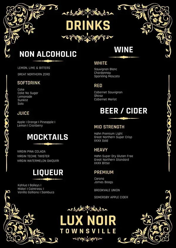 A Black And Gold Menu For Lux Noir Townsville — Lux Noir In  Townsville City, QLD