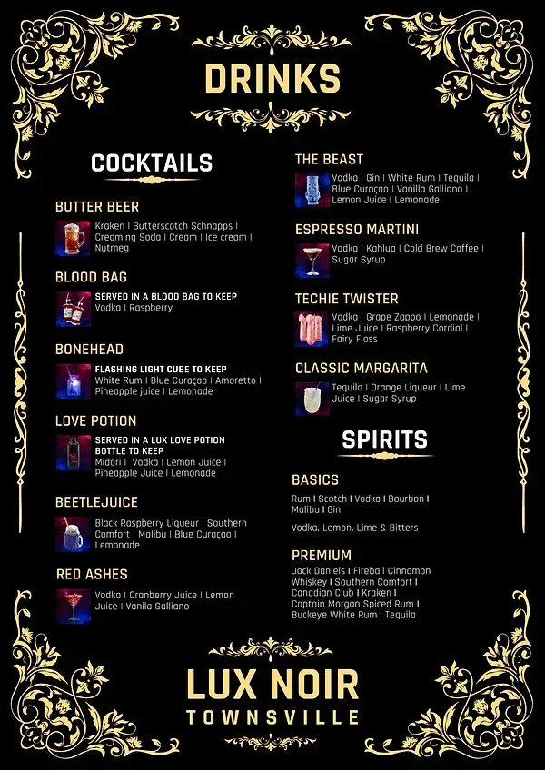 A menu for lux noir townsville shows a variety of drinks — Lux Noir In Townsville City, QLD