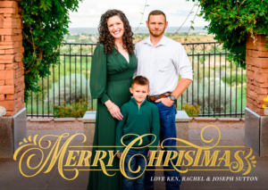 A merry christmas card with a family standing next to each other