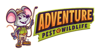 The logo for adventure pest wildlife shows a mouse holding a sprayer.