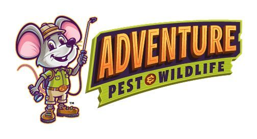 The logo for adventure pest wildlife shows a mouse holding a sprayer.