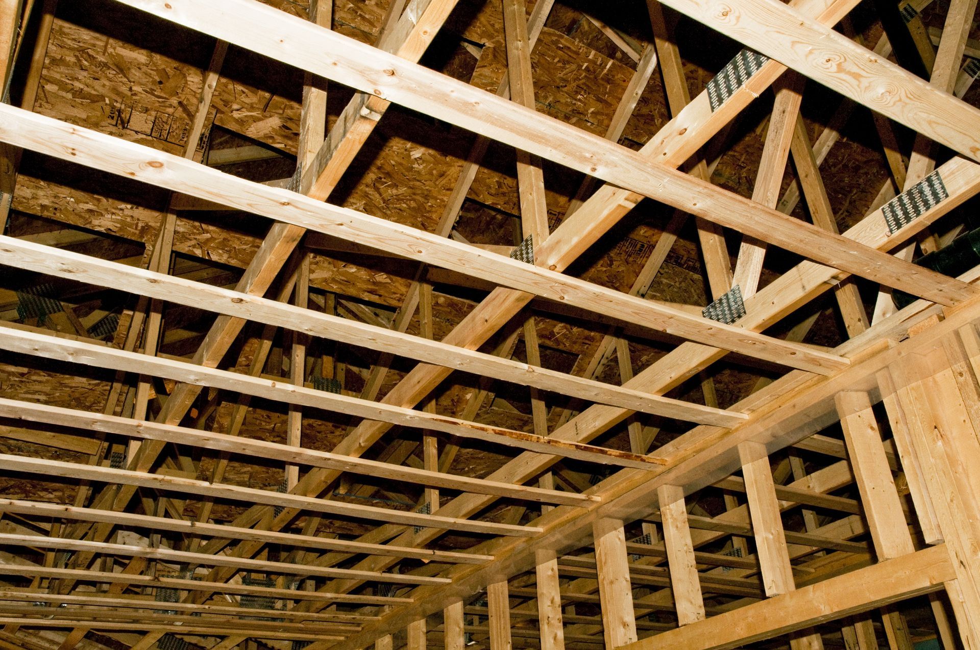 Wooden roof framing inside a structure, showing rafters, trusses, and ceiling joists.